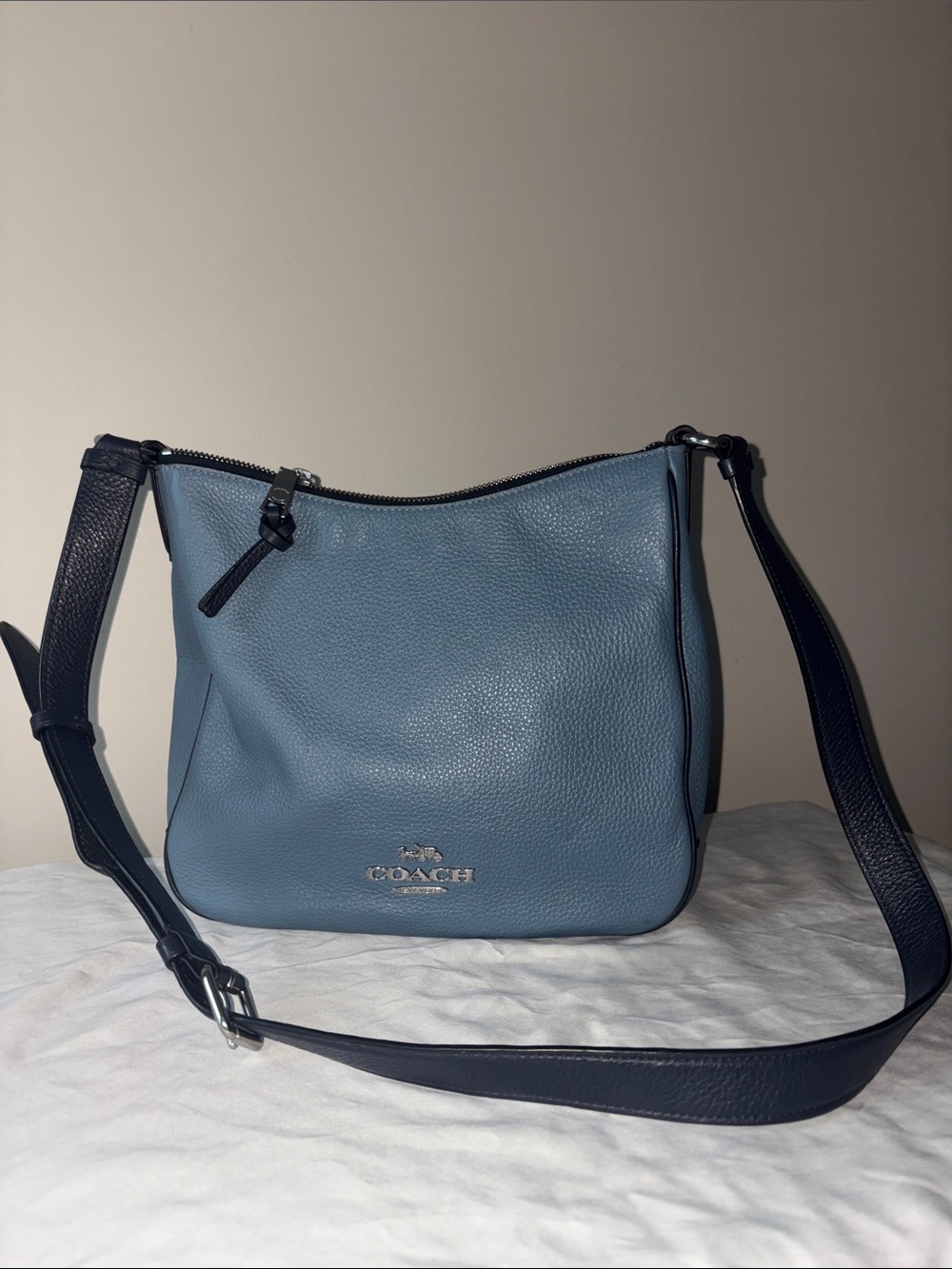 Coach Ellie Pebbled Leather Crossbody in Light Blue with Navy Strap